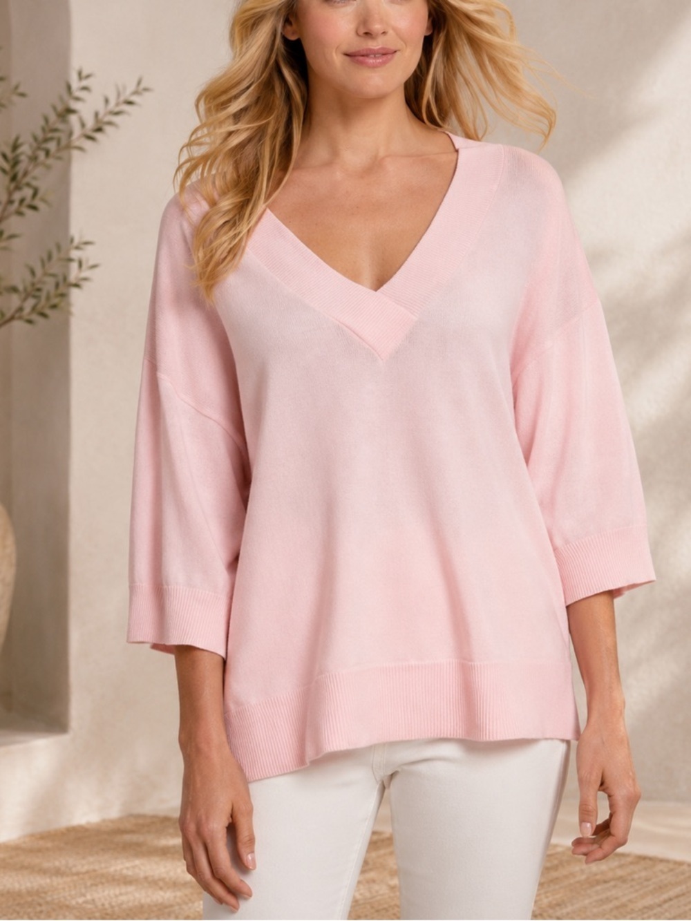 DKNY V-Neck 3/4 Sleeve Knit Pink Sweater Sheer Back Women’s Size XL